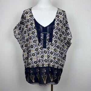 Free People Top Womens Small Dolman Bohemian Peasant Lace Floral Cottage Blue